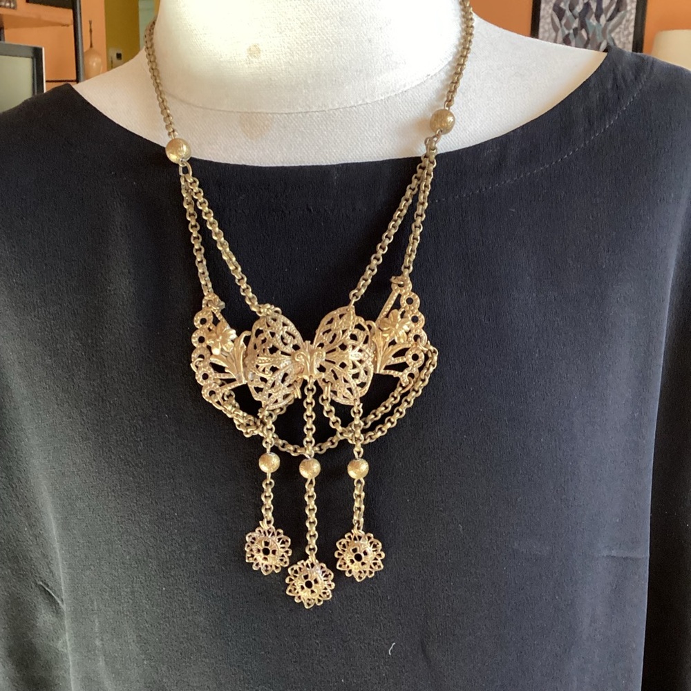 Art Nouveau Festoon Drop Dangle Bow Flower Necklace Filigree Antique Brass
